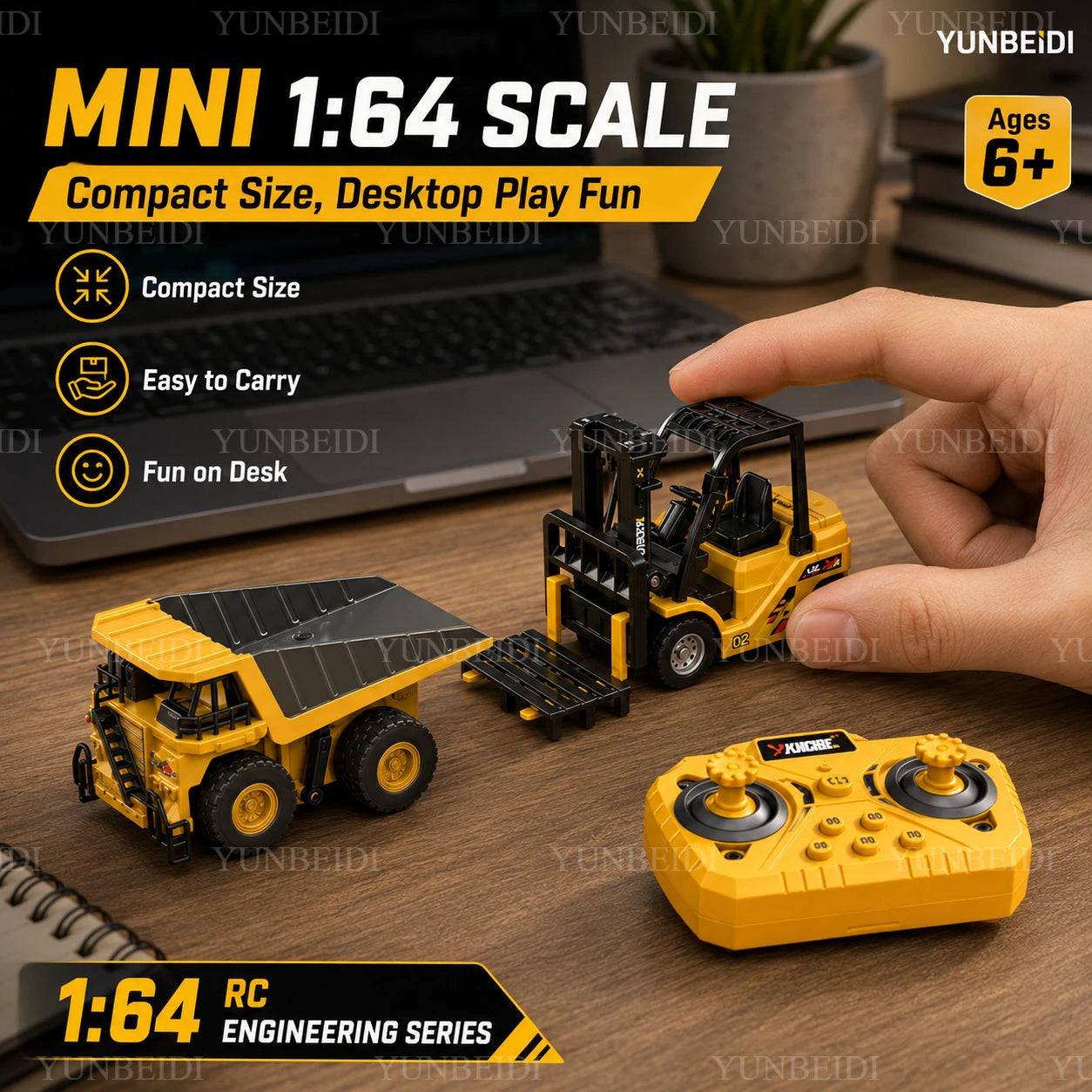 1:64 RC Mini Alloy Car Forklift with Trailer Excavator Desktop Game 2.4G Remote Control Engineering Lift Truck Child's Toy Gifts