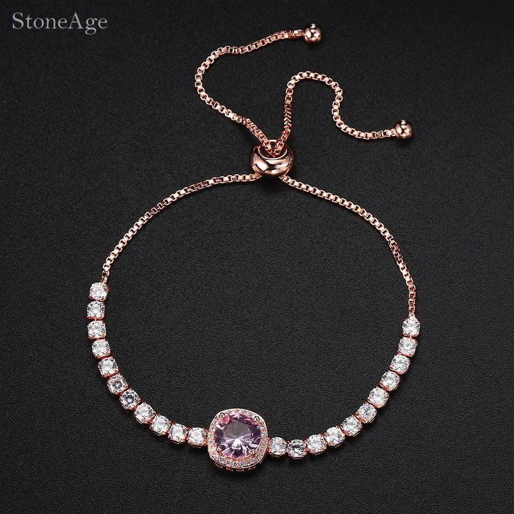 Pink Crystal Tennis Bracelets for Women Female Trend Romantic Shiny Zirconia Adjustable Folding Buckle Chain on Hand Jewelry