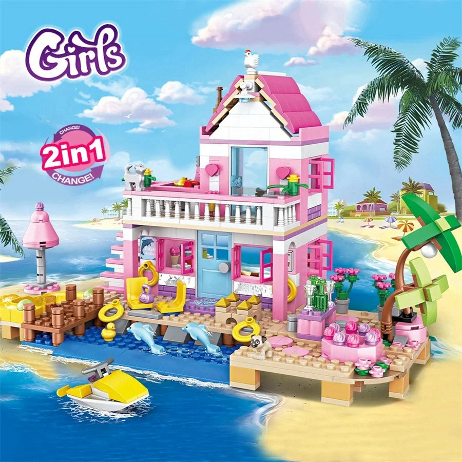 822Pcs Beach Villa Building Blocks Transformable House Model Creative Building Educational STEM Toys Birthday Gift For Girls