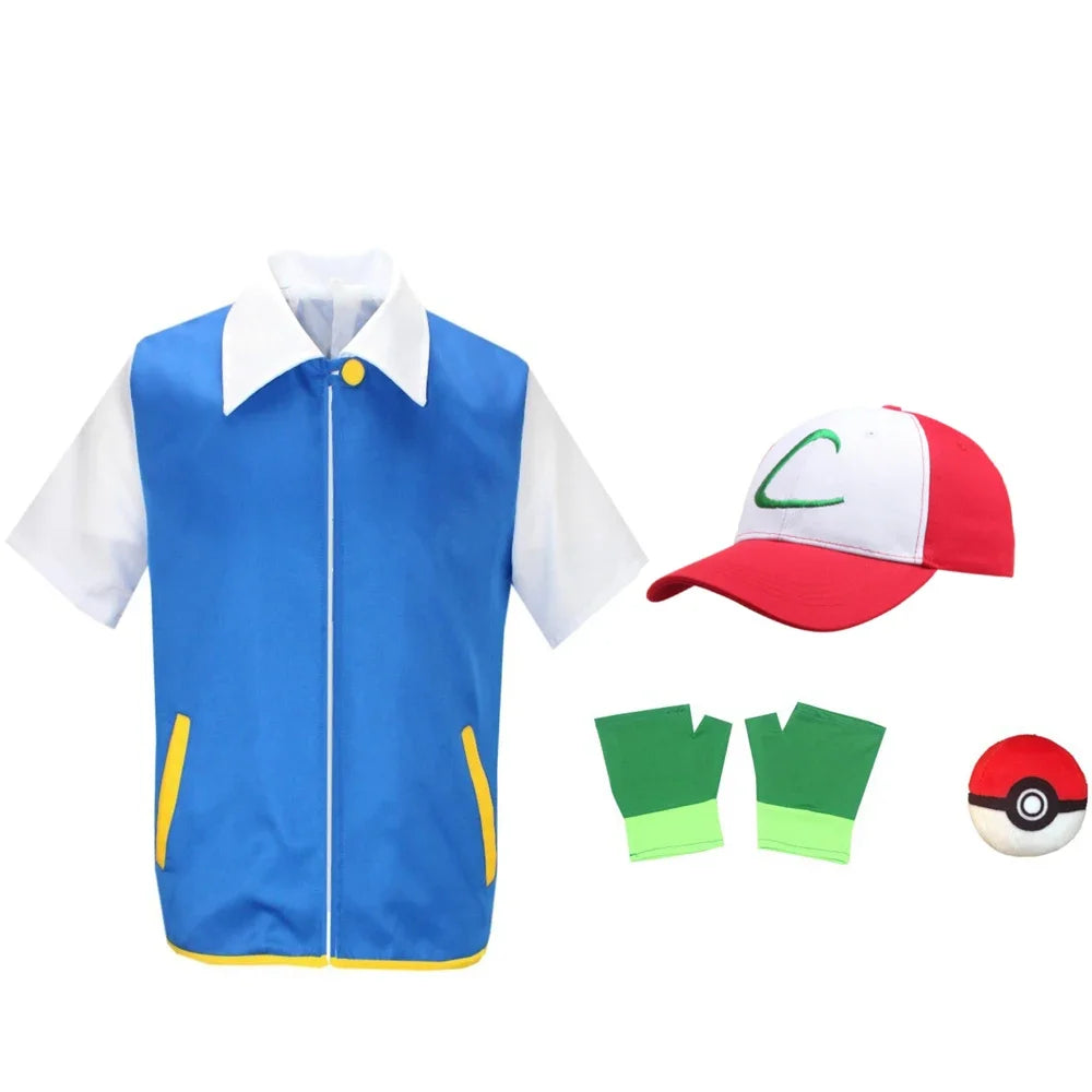 Men Anime Trainer Cosplay Costume Boys Ash Ketchum Adult for Girls Halloween Women Disfraz Party Blue Jacket Cap and Gloves Sets