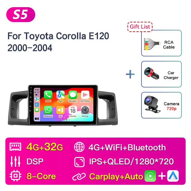 Car Stereo Radio Multimedia Player For Toyota Corolla E130 E120 2000 2001 2002 2003 2004 GPS Carplay Android Auto 2din Head Unit