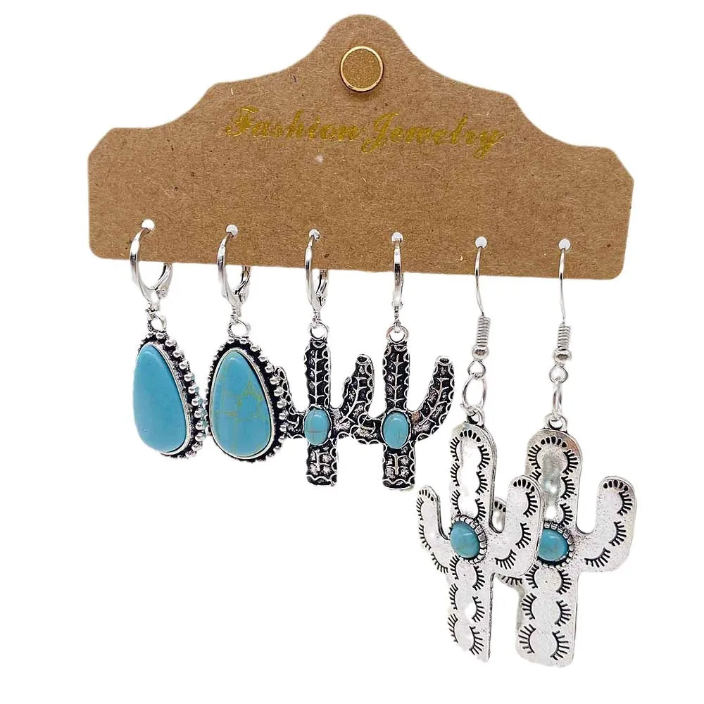 Western Retro  Turquoise Bull Head Earrings Cactus Boots Cowboy Hat Alloy Ethnic Style Earrings Set Jewelry for Women