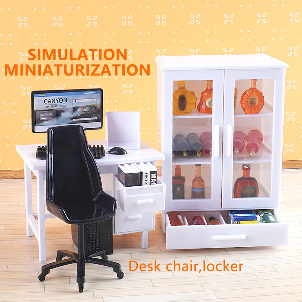 1:12 Dollhouse Miniature Office Furniture Set Simulation Computre Desk Model Bookshelves Doll House Decoration Accessories