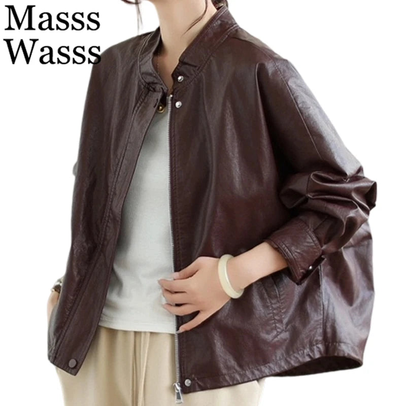 Masss Wasss 2025 Autumn Ladies Classic Fashion Oversized PU Jackets Womems Leisure Faux Leather Coats Loose Vintage Windbreakers