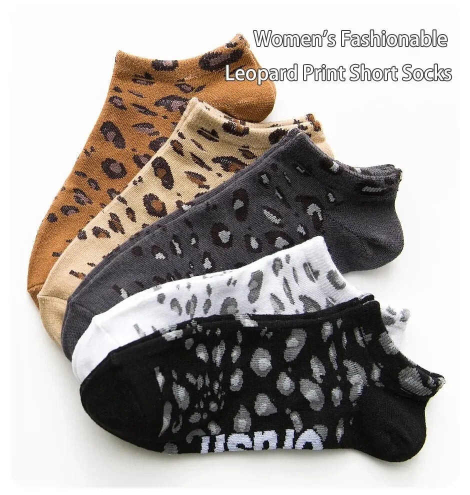 5 Pairs of Women's Seasonal Fashionable and Trendy Leopard Print Cotton Sweat-absorbing and Comfortable Sports Low Top Socks