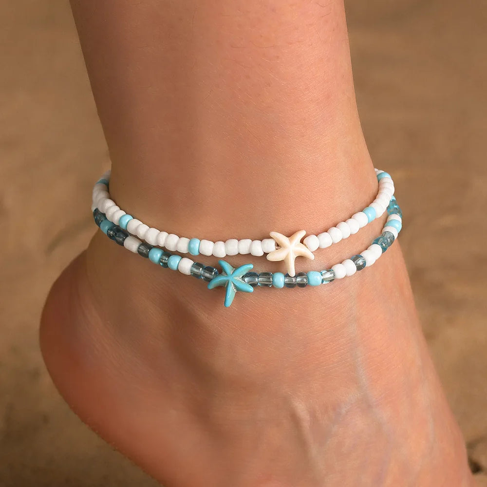 White Turquoise Beaded Chain Starfish Pendant Ankle Summer Bracelet Charm Sandals Barefoot Beach Foot Bridal Jewelry