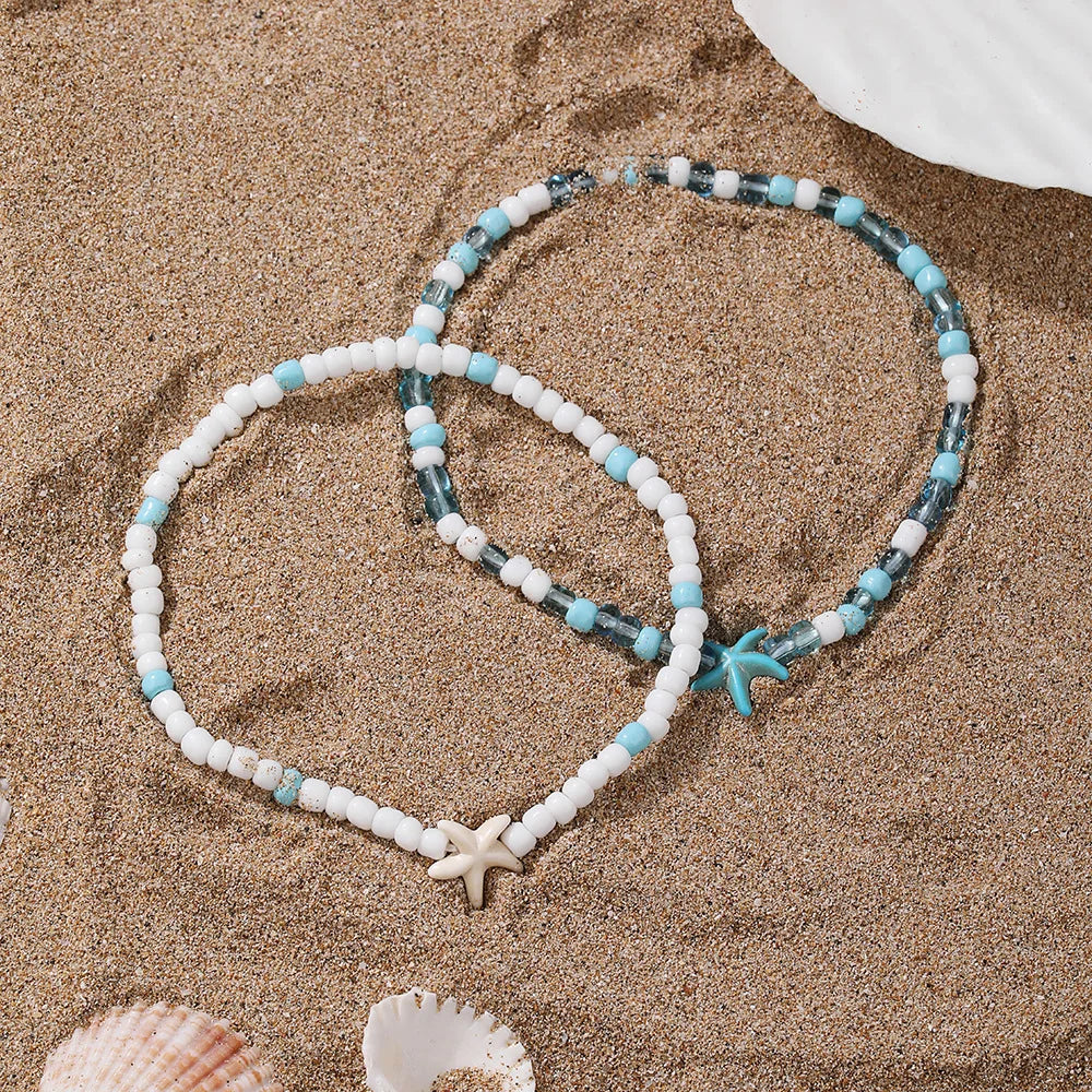 White Turquoise Beaded Chain Starfish Pendant Ankle Summer Bracelet Charm Sandals Barefoot Beach Foot Bridal Jewelry