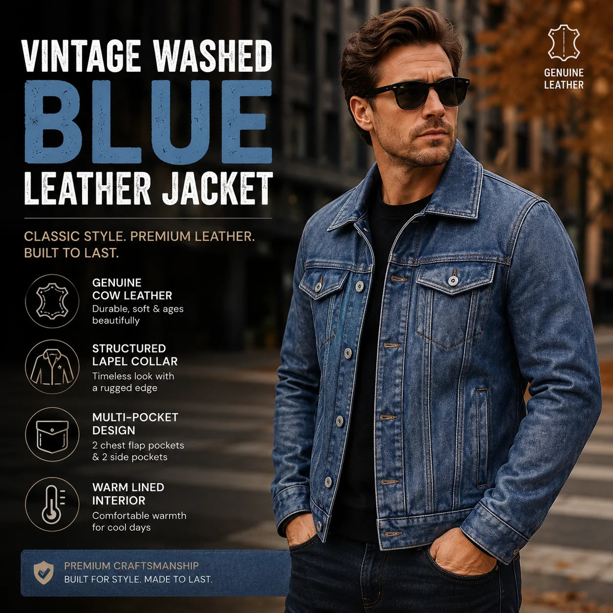 Men's Motorcycle Leather Jacket Light Blue Ami Khaki Retro Graphite Distressed Denim Genuine Leather Jacket Slim Short Jacket