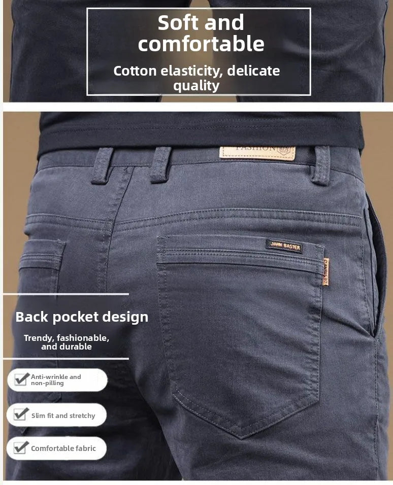 2026 Summer Thin Cotton Men's Casual Pants Trendy Versatile Elastic Light Business Trousers Work Formal Slim Straight Pants