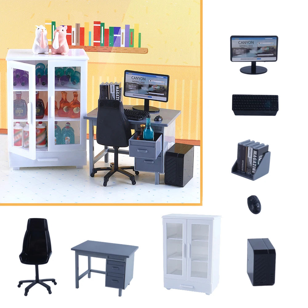 1:12 Dollhouse Miniature Office Furniture Set Simulation Computre Desk Model Bookshelves Doll House Decoration Accessories