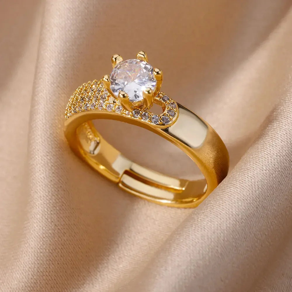 Fashion Chain Hollow Out Rings For Women Gold Color Stainless Steel Zircon Cross Open Ring Trendy Wedding Aesthetic Jewerly Gift