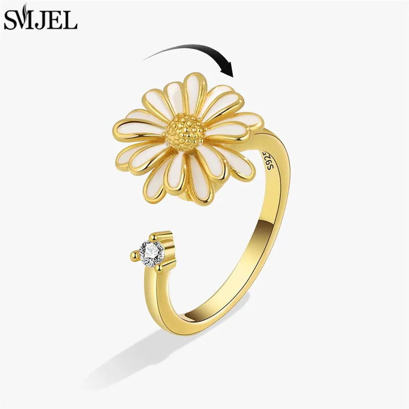 Ethnic Fashion Daisy Flower Anxiety Ring Adjustable Women Girls Worry Stress Relief Jewelry Spinning Fidget Rings Party Gifts