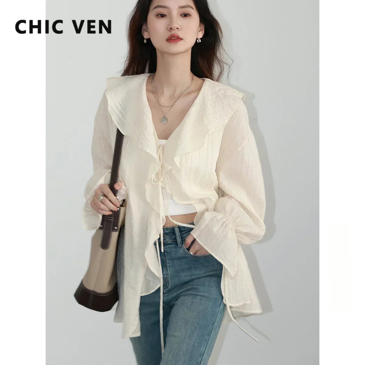 CHIC VEN Women Shirt Loose Casual Ruffled Edges Female Blouses V Neck Lace Up Mid Length Woman Shirts Spring Summer 2026