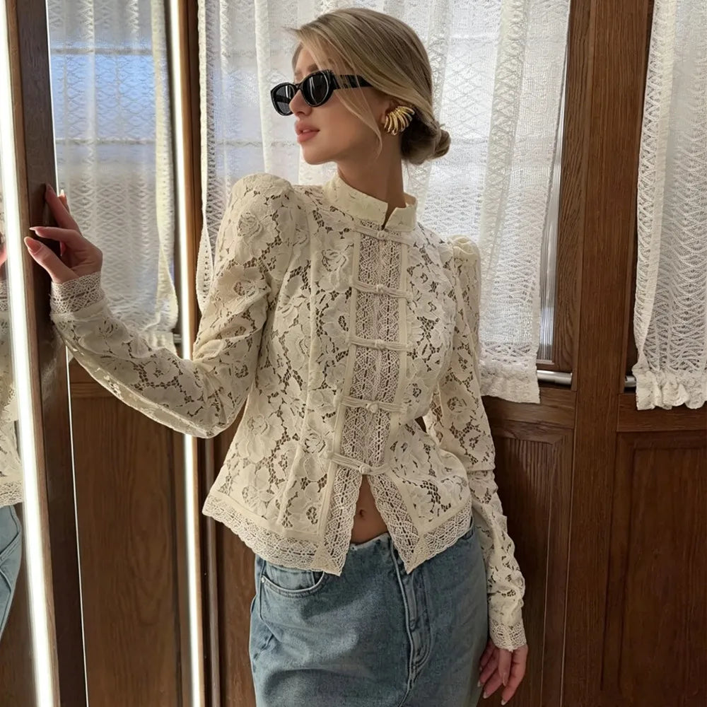 Ladies Vintage Lace Blouse Shirts Women Summer Hollow Out Casual Sand Collar Elegant Embroidery Puff Sleeve Sexy Top Shirts