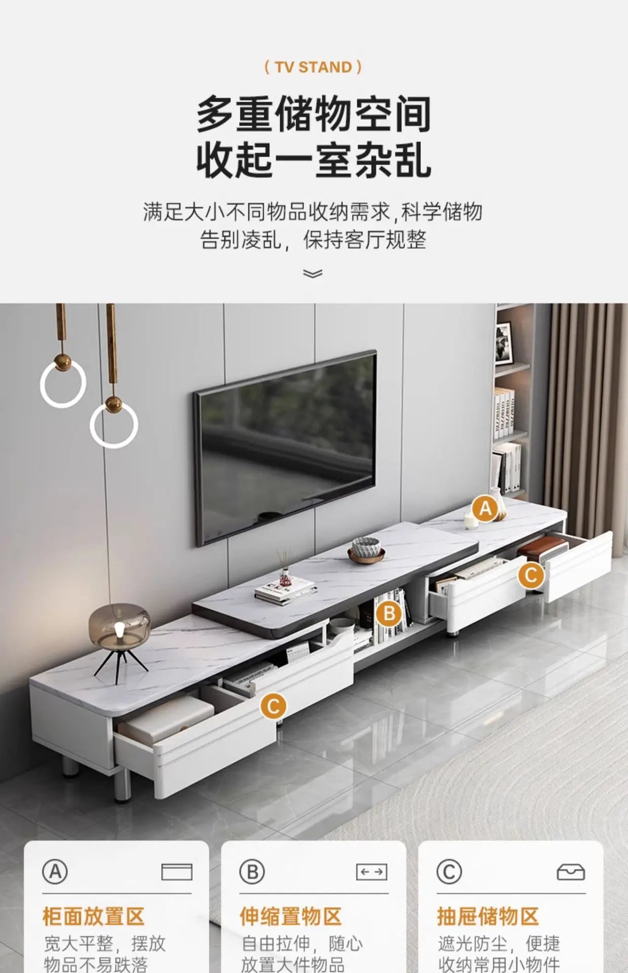 Modern LED TV Stand for Televisions Up Coffee Table Glass Shelves and Drawer Gaming Entertainment Center with Multiple Cabinet