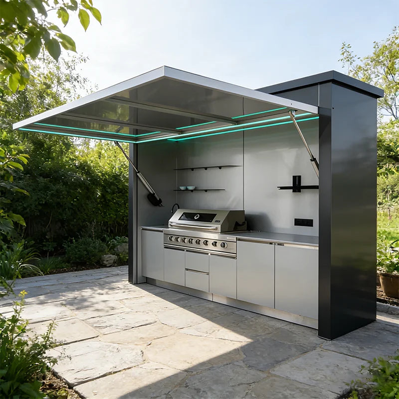 Customized outdoor kitchen in black appearance, affordable cost and stainless steel canopy included