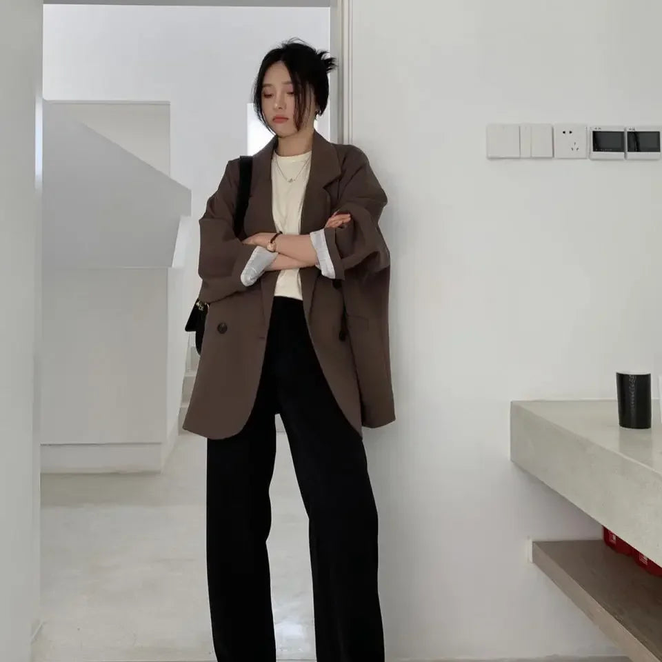 New 2025 Vintage Loose Women Solid Blazer Autumn Chic Double Breasted Female Long Sleeve Suit Jackets Stylish Ladies Blazers