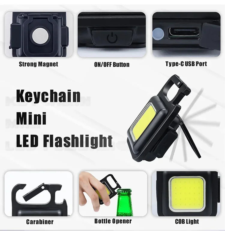 Super Bright 1500LM Work Light COB 500mah LED Flashlight Pocket Keychain USB Rechargeable Waterproof For Outdoor Camping