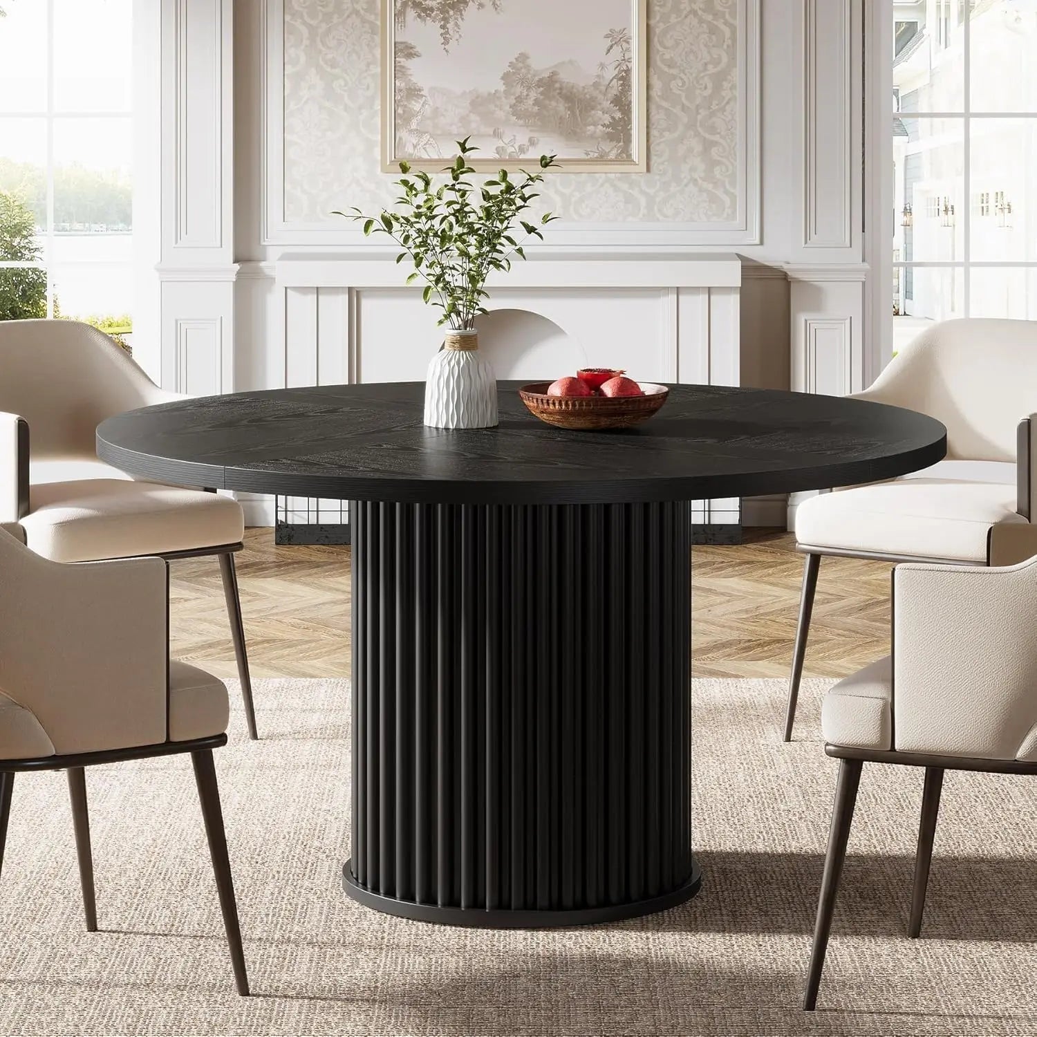 Round Dining Table,Black Dining Table for 4 People, Dining Room Table with Sturdy Metal Frame, Modern Dining Room Furniture