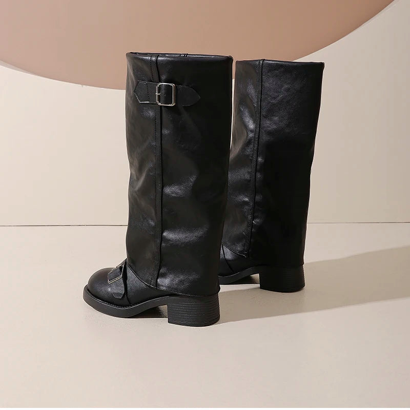 Vintage Thick Heel Women Knee High Boots Fashion Ladies Belt Buckle Knight Long Booties Botas De Inverno Feminina