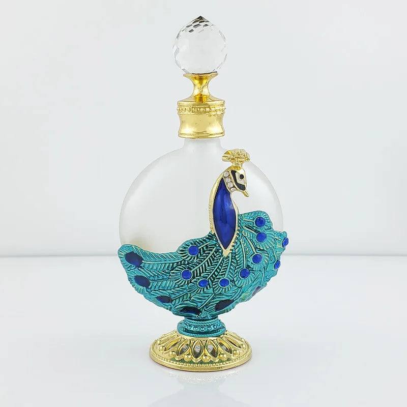 Artistic 30ml Empty Perfume Bottle, Dubai-Inspired Metal and Glass Container Adorned with a Peacock Motif, Great for Refilling E