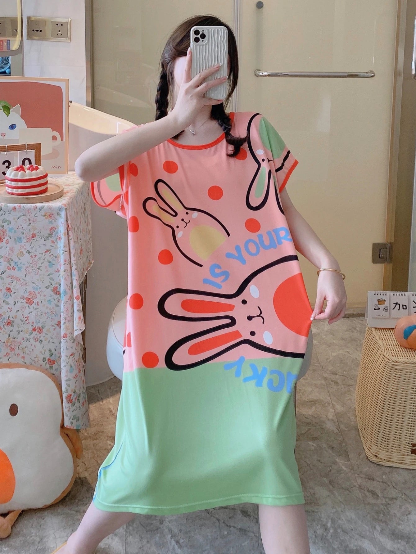 1PC, Summer And Autumn Cool Cute Girls Cartoon Nightdress, Comfortable Short-sleeved Dress, Women's Home Wear, Polyester Pajama