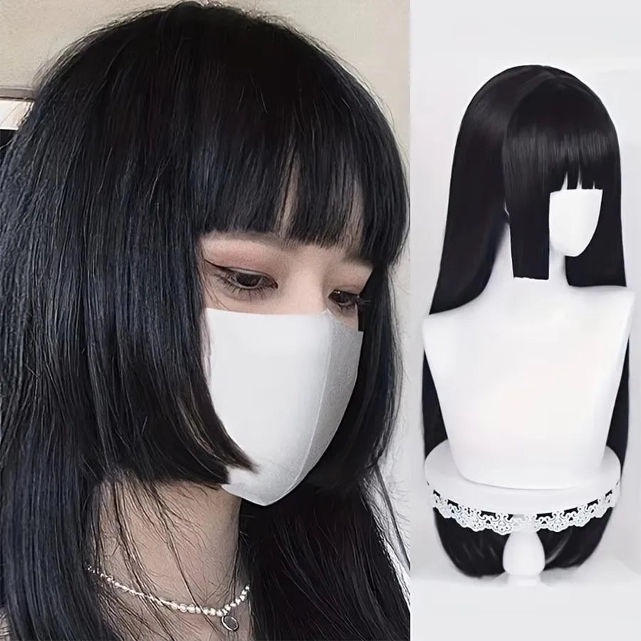 Natural Long Straight Synthetic Black Wig With Bangs Lolita Cosplay Hair Wigs For Women Heat Resistant Fiber Daily Party Wig Fem