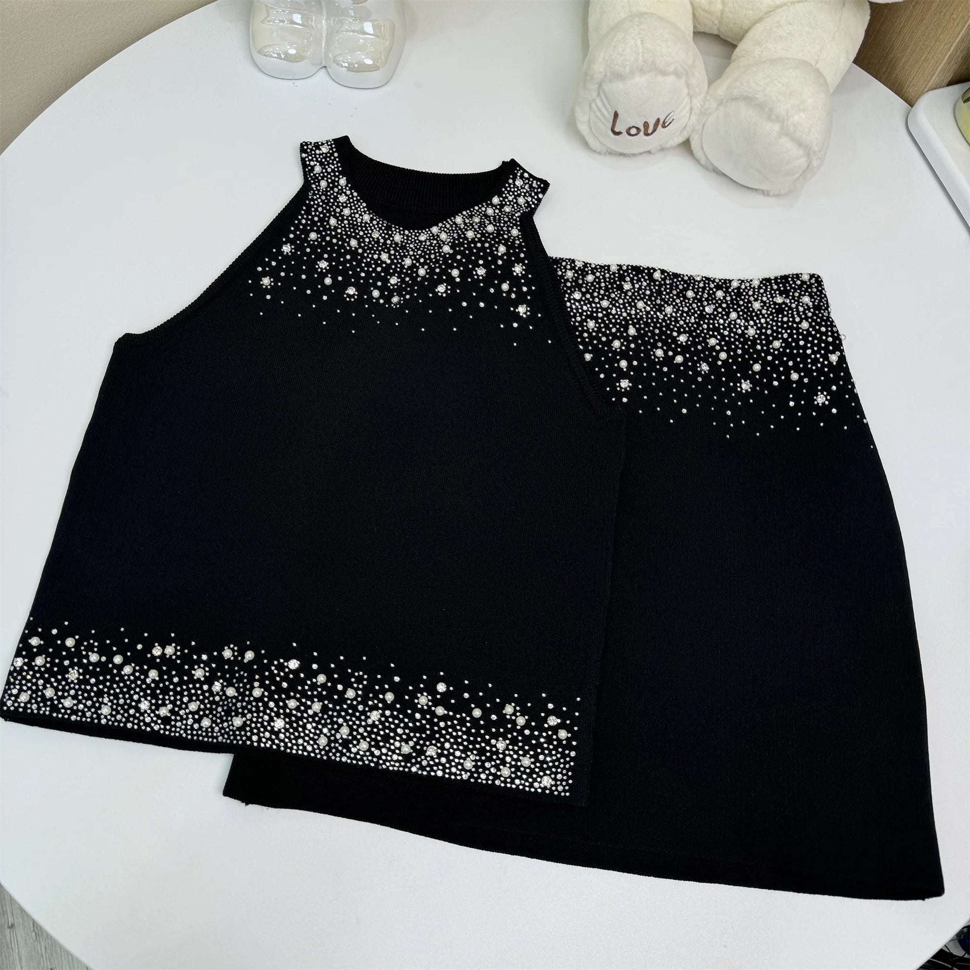 2025 Summer Diamonds Knitted 2 Piece Set For Womem Nail Bead Top + Short Skirt Two Piece y2k Outfit Ensemble Femme