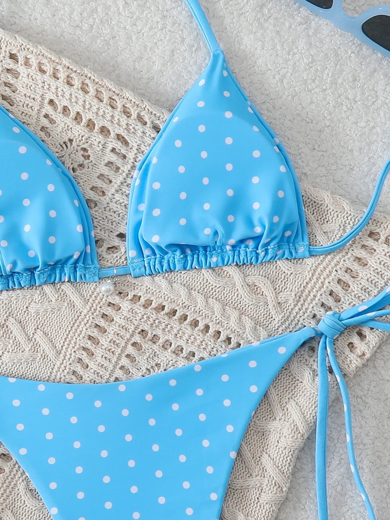 Women's Sexy Polka Dot Halter Bikini Set Lace-Up Low Waist Two-Piece Triangle Thong Swimwear Tie On Side Brazilian Biquinis