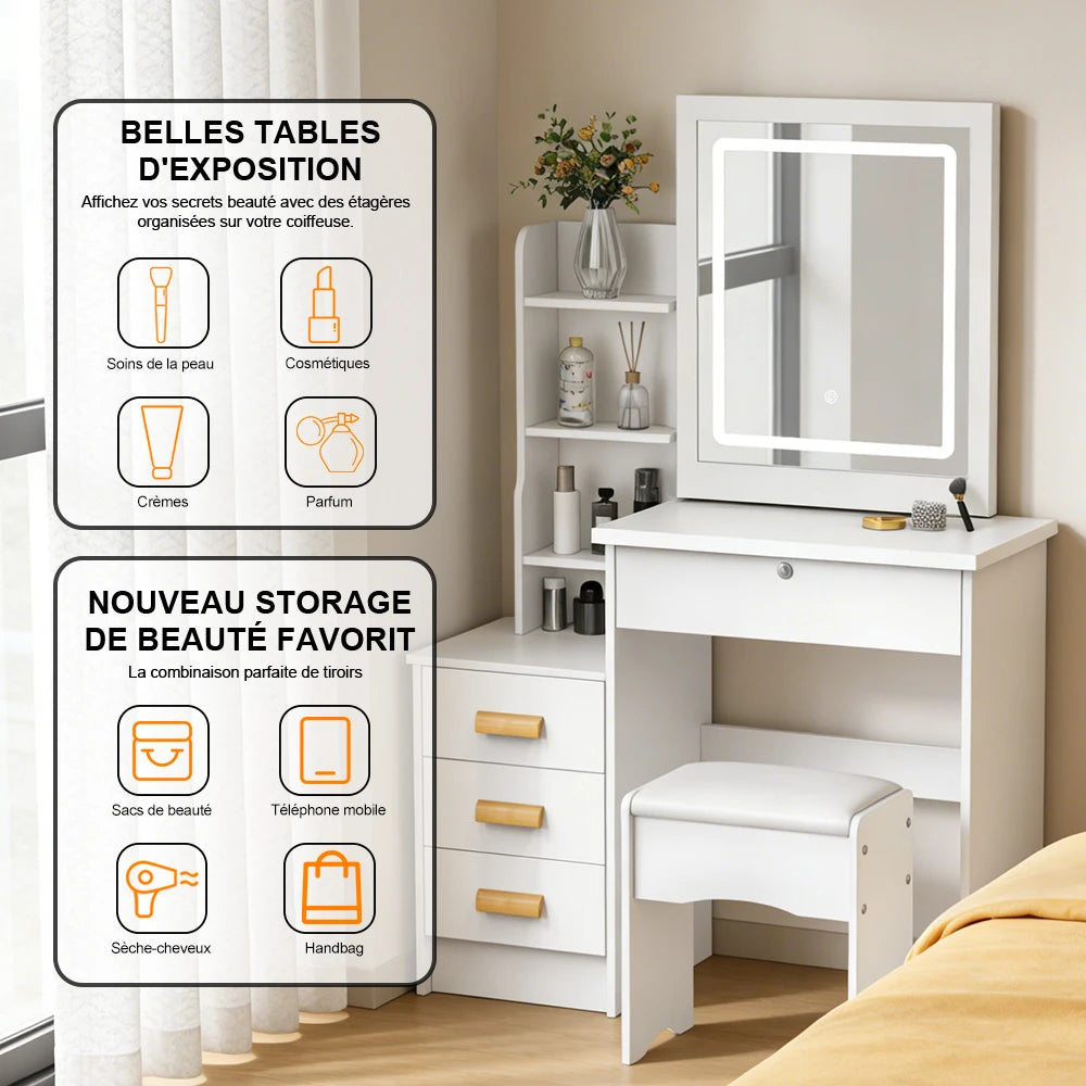 Bedroom Dressing Table Vanity Desk with Sliding Mirror and Lights Makeup Table with Hidden Storage Space