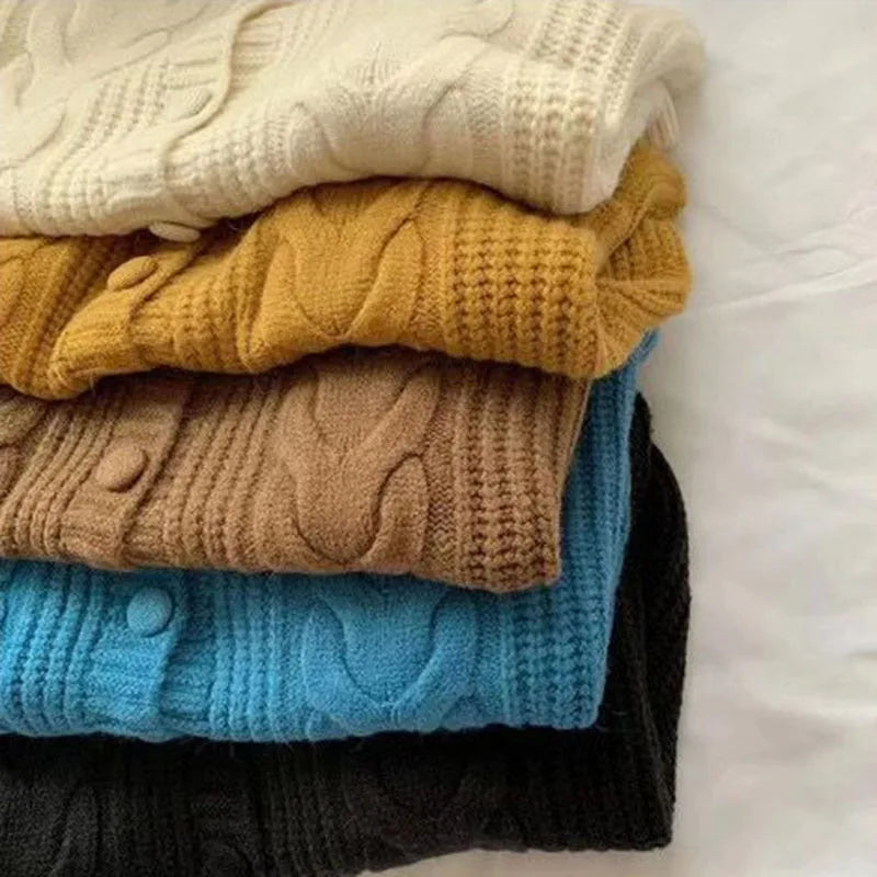 Autumn Twist Knitted Cardigan Womem Winter Thicken Warm O Neck Sweater Jacket Female Solid Button Up Long Sleeve Crop Knitwear