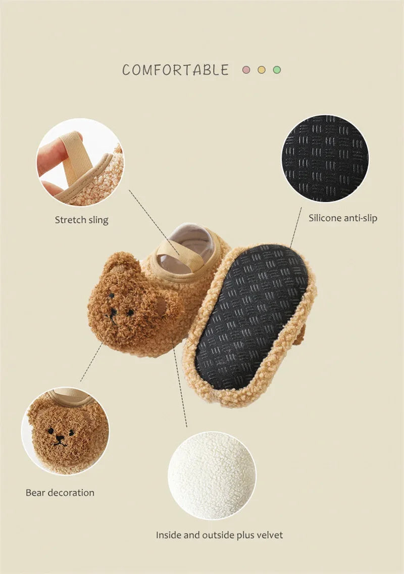 Cartoon Bear Baby Shoes Winter Thick Warm Newborn Shoes Non-slip Soled Soft Plush Toddler Kids Boy Girls Infant First Walkers