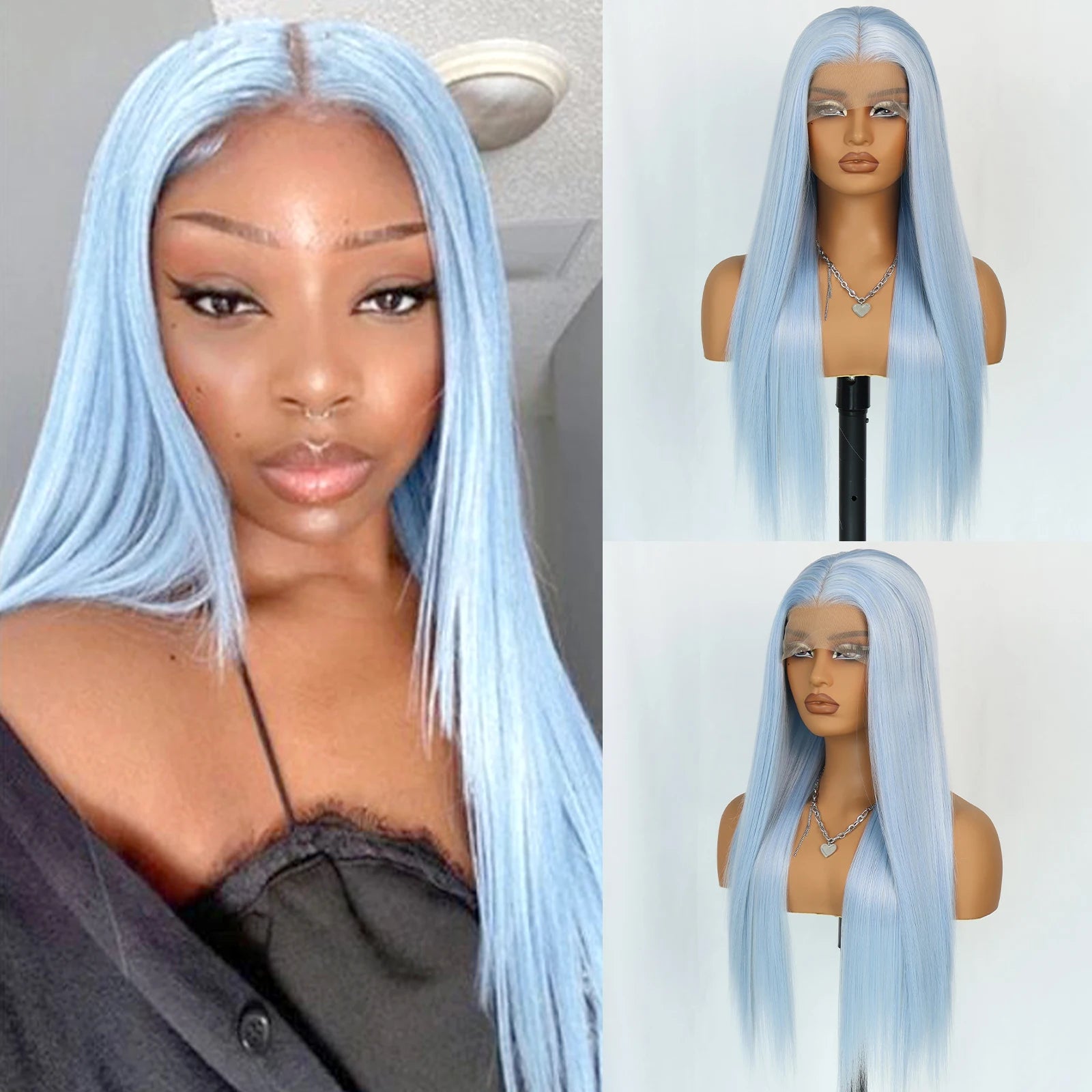 Aubree Synthetic Wigs Blue Hair 13*4 Lace Front Wigs For Daily Use Party Time Long Straight 28 inches 180% Density Glueless
