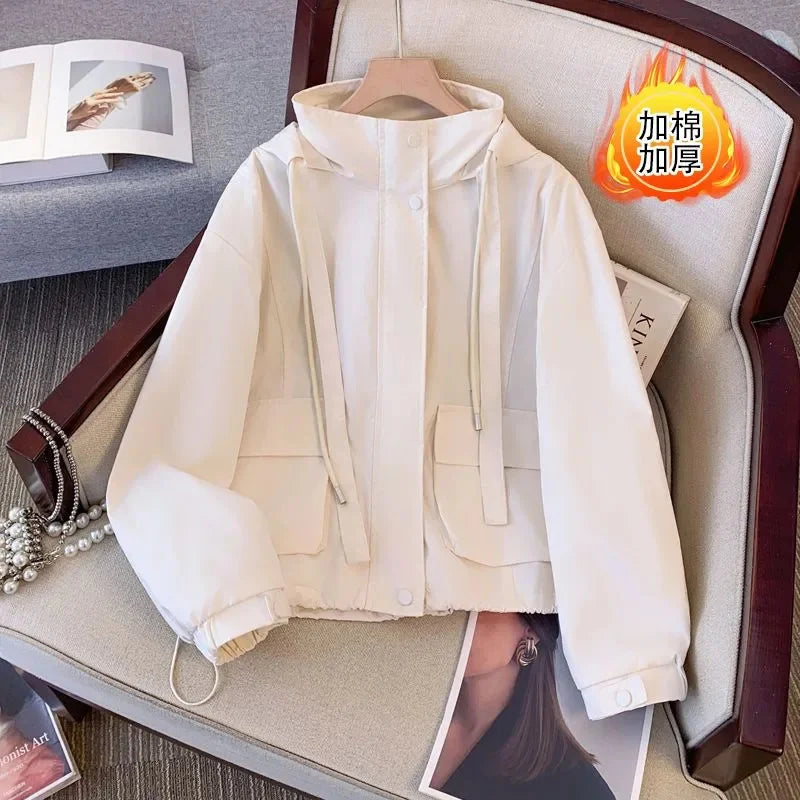 Short Hooded Jacket Women's Spring Autumn 2026 New Lady Loose Thin Work Jacket Top Solid Casual Student Zipper Outwear