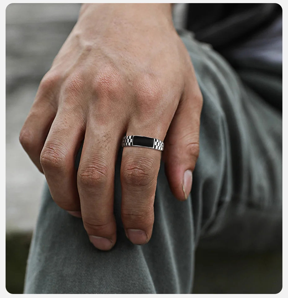 Vnox Mens Open Rings, Black Enamel Signet Ring, Watch Band Grooved Finger Band, Adjustable Jewelry