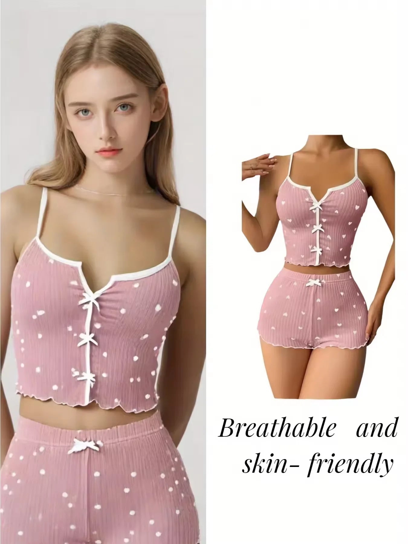 Sexy Sleepwear Women Pajamas Set Heart Print Silk Stain V-Neck Sleeveless Casual Cami Top and Shorts Sets Home Suit Loungewear