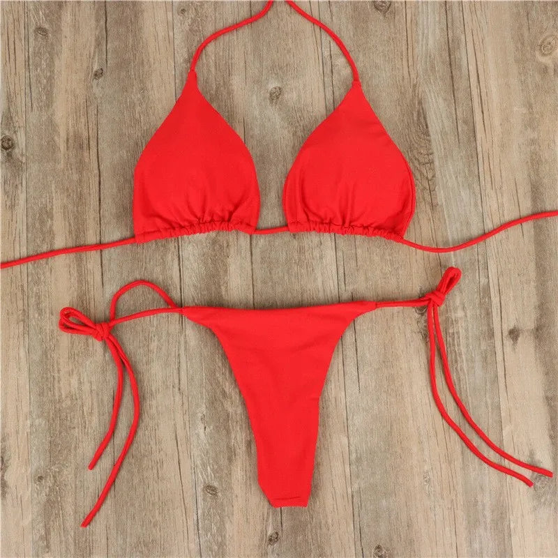 Women Triangle Bikini Set Halter Tie-Up Two Piece Swimsuit Thong Bottom Bathing Suit Beachwear