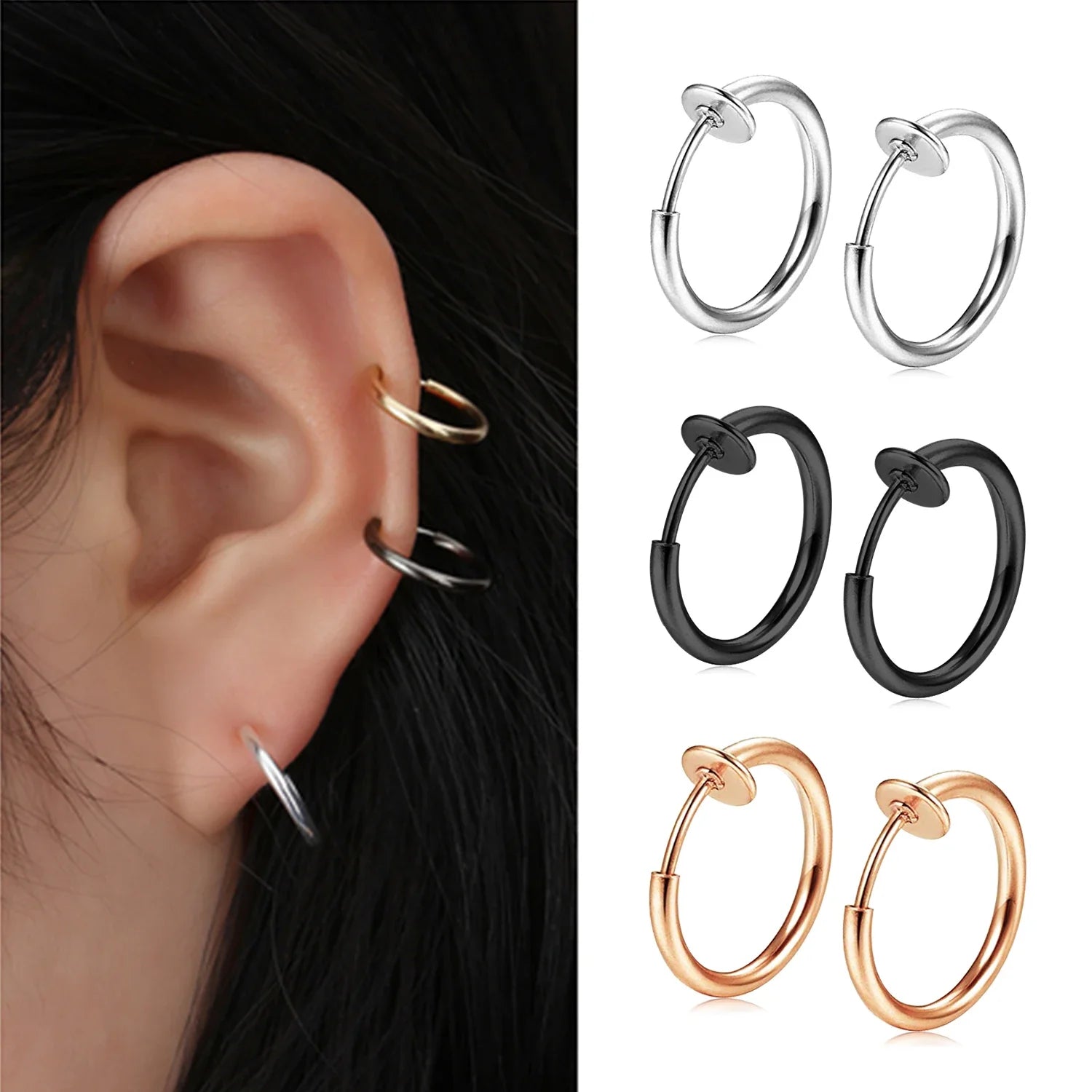 2-6Pc Fake Nose Ring retractable earrings Hoop Faux Lip Earrings Cartilage Septum Clip on Ear Lobe Helix Anti Conch Non Piercing