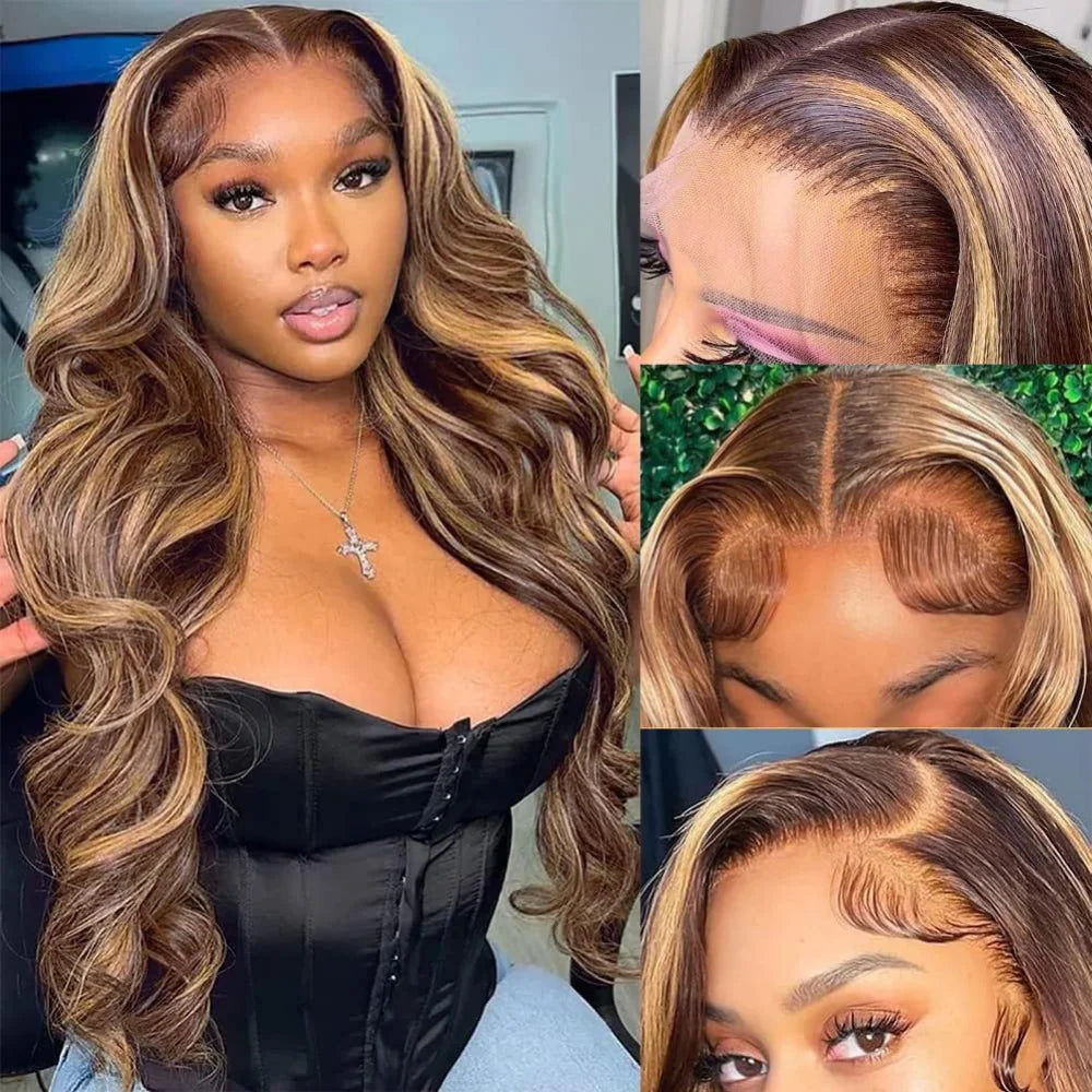 13x4 HD Highlight Body Wave Lace Front Wigs Human Hair For Women Glueless Pre Plucked 4/27 Colored 200% Density With Baby Hair