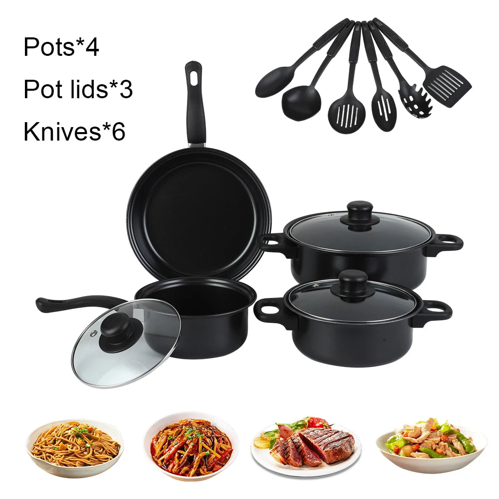 12Pcs Non Stick Cookware Set Cooking Pot with Lid Deep Frying Pan Milk Pot Maifan Stone Frying Pan for All Types of Cooker
