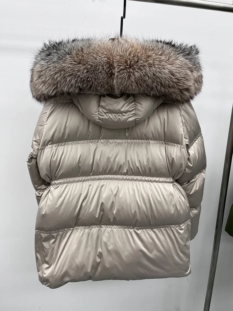 Winter Real Fox Fur Collar Hooded Thick Goose Down Jacket Natural Coat Women Female Outwear Luxury Warm Russia Puffer Jackets