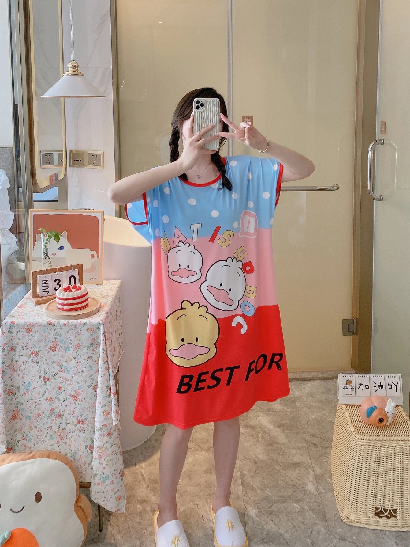 1PC, Summer And Autumn Cool Cute Girls Cartoon Nightdress, Comfortable Short-sleeved Dress, Women's Home Wear, Polyester Pajama