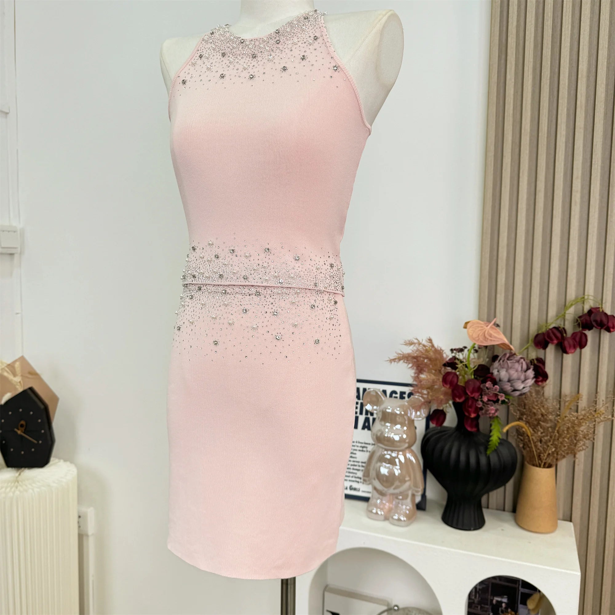 2025 Summer Diamonds Knitted 2 Piece Set For Womem Nail Bead Top + Short Skirt Two Piece y2k Outfit Ensemble Femme