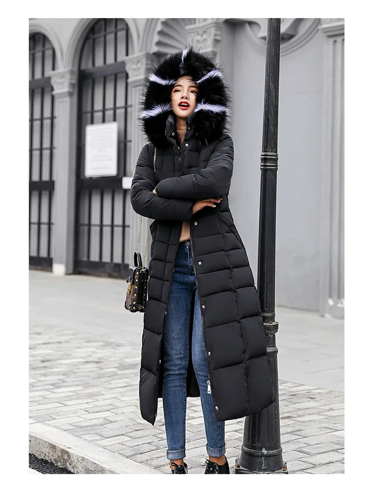 Long Down Cotton Parkas Coat Female New Winter Over Knee Loose Large Fur Collar Hooded Warm Thick Parkas Women  Padded Overcoat