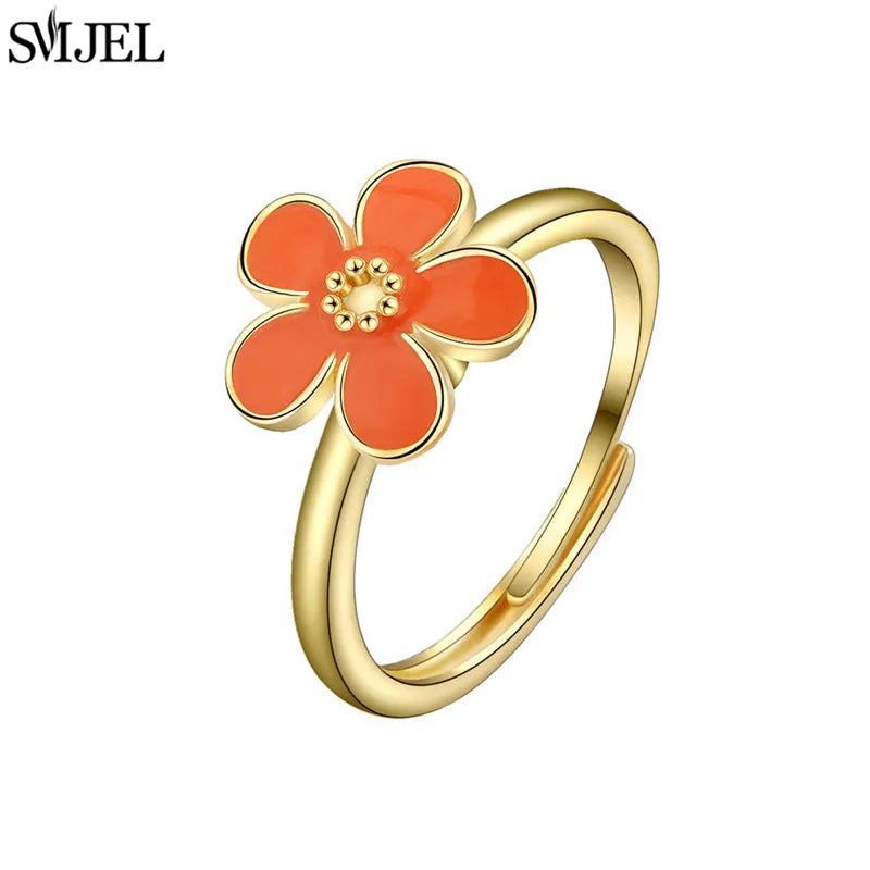 Ethnic Fashion Daisy Flower Anxiety Ring Adjustable Women Girls Worry Stress Relief Jewelry Spinning Fidget Rings Party Gifts