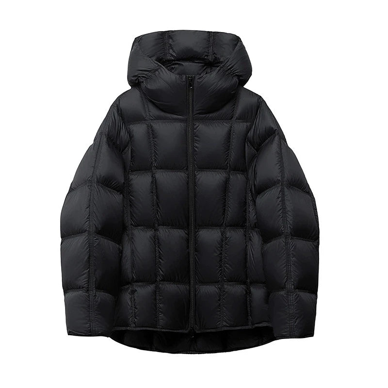 Schinteon Women Light White Down Jacket with Hood Loose Over Size Casual Autumn Winter Outwear Square Warm Short Coat 2026 New