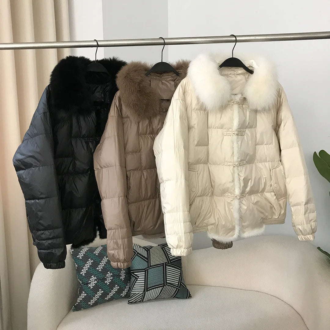 Real Fox Mink Fur Collar Coat Winter Women White Duck Down Jacket Ladies Short Warm Puffer Female Loose Vintage Parka Outerwear