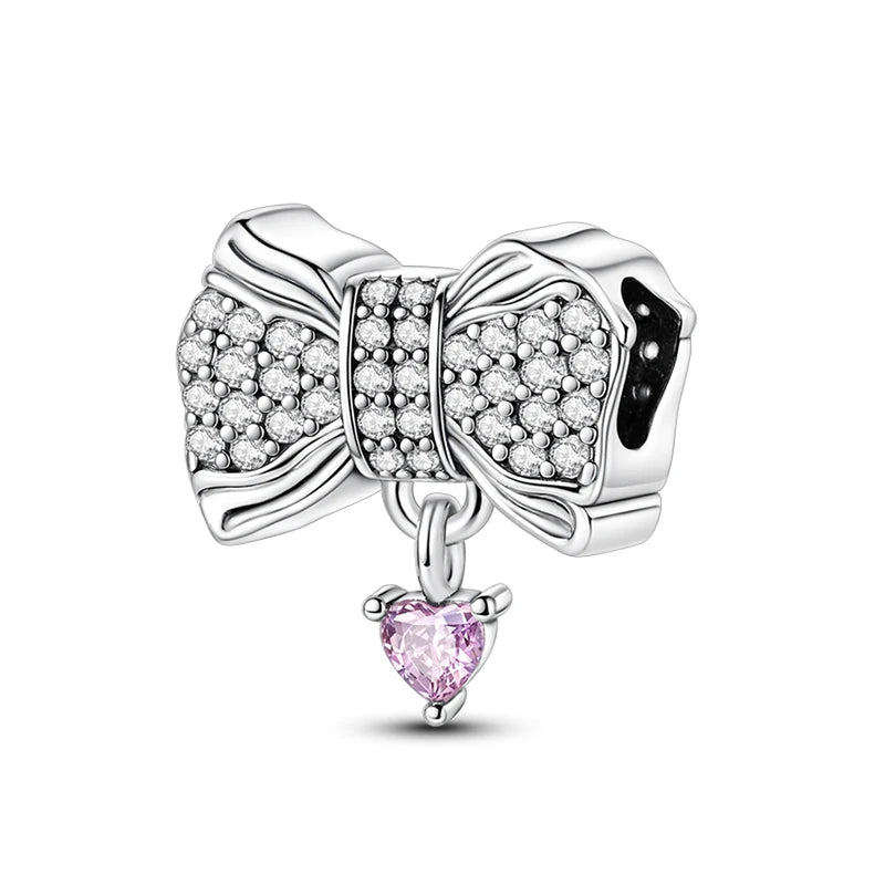 Silver Bow Charms 925 Sterling Silver Pink Heart-shaped Bow Pendants Charms Beads Fit Original S925 Bangle Bracelets DIY Jewelry