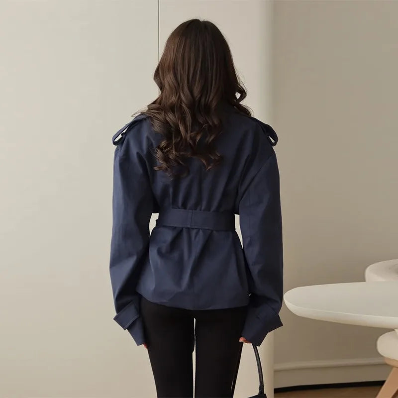 F New Fashion Lace up Cropped Trench Coat Women Lapel Long Sleeves Wide Shoulder Windbreaker Jacket Fall Commuting Daily Jackets