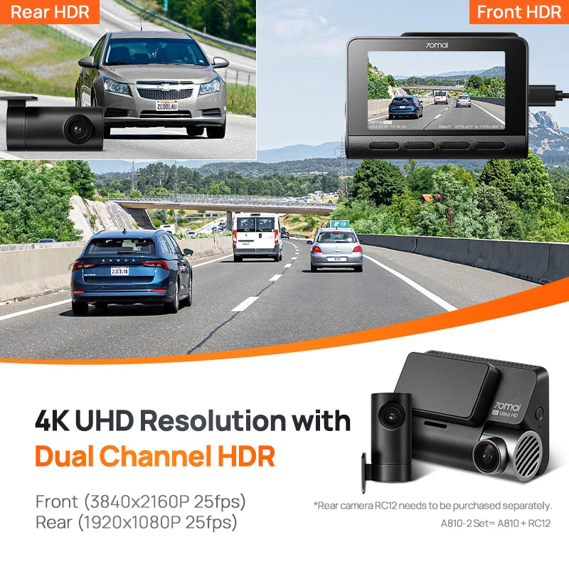 70mai 4K Dash Cam A810 Front Rear Set Suppor 4G Module LTE UP04 Remote Control GPS ADAS Car DVR 70mai A810 Car DVR